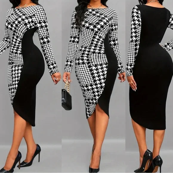New Houndstooth Print Long Sleeve Bodycon Asymmetrical Colorblock Midi Dress NWT - Picture 1 of 16